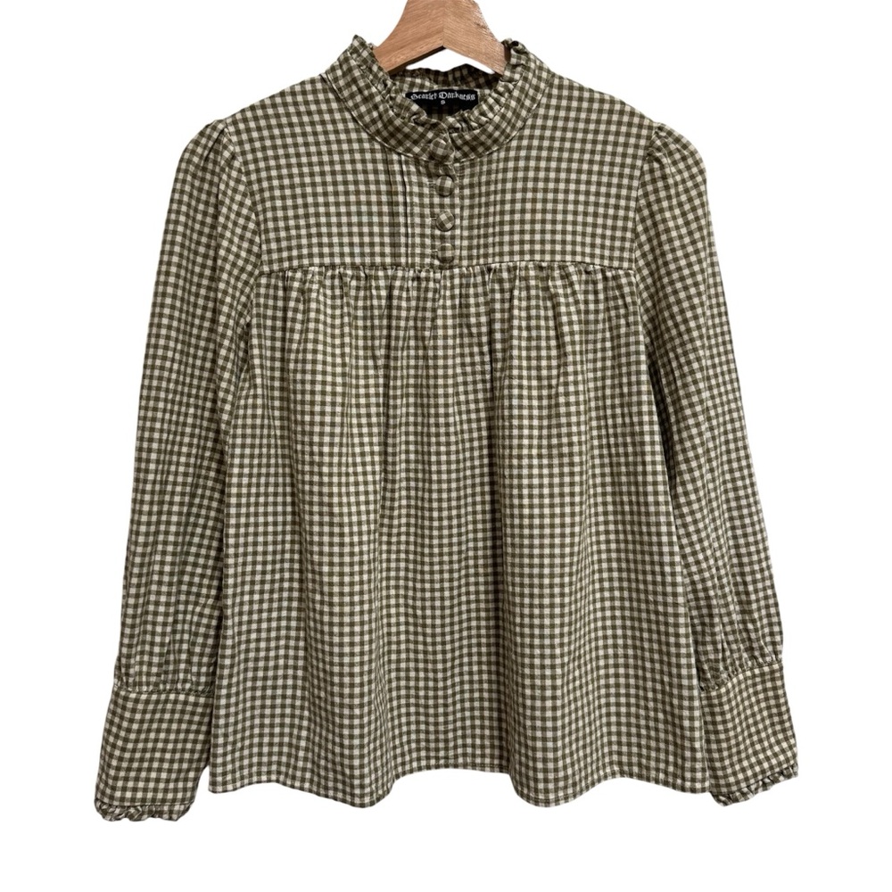 Scarlet Darkness Victorian Stand Collar Gingham Blouse Top Women Small Renaissan